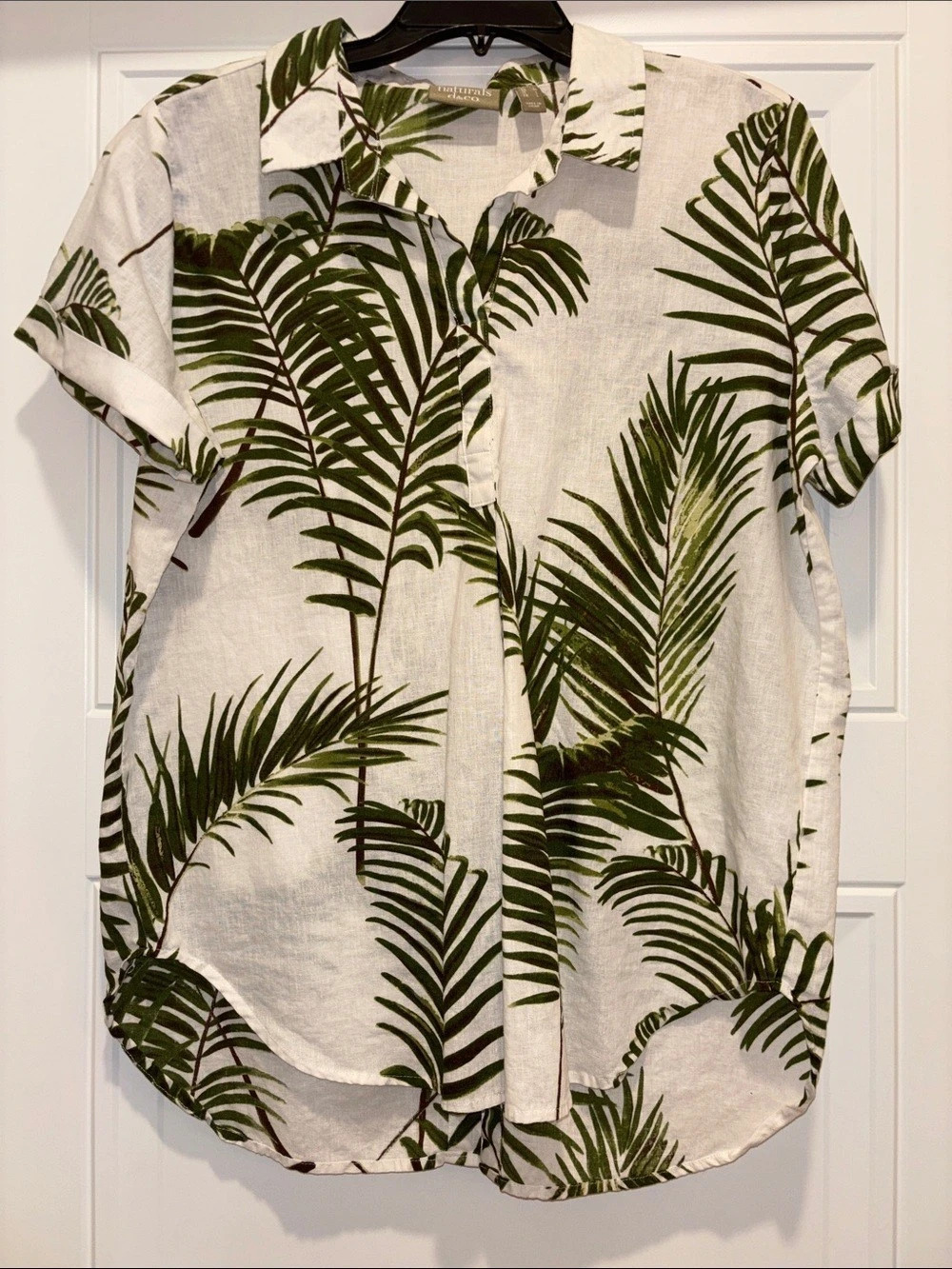 Naturals d&co Tropical Palm Print Linen Short Sleeve Shirt